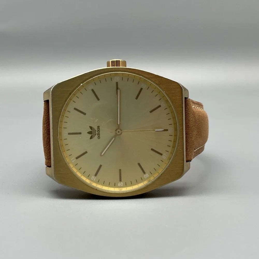 Adidas Process_L1 Mens Watch 38mm Gold Tone Dial Brown Leather New Battery